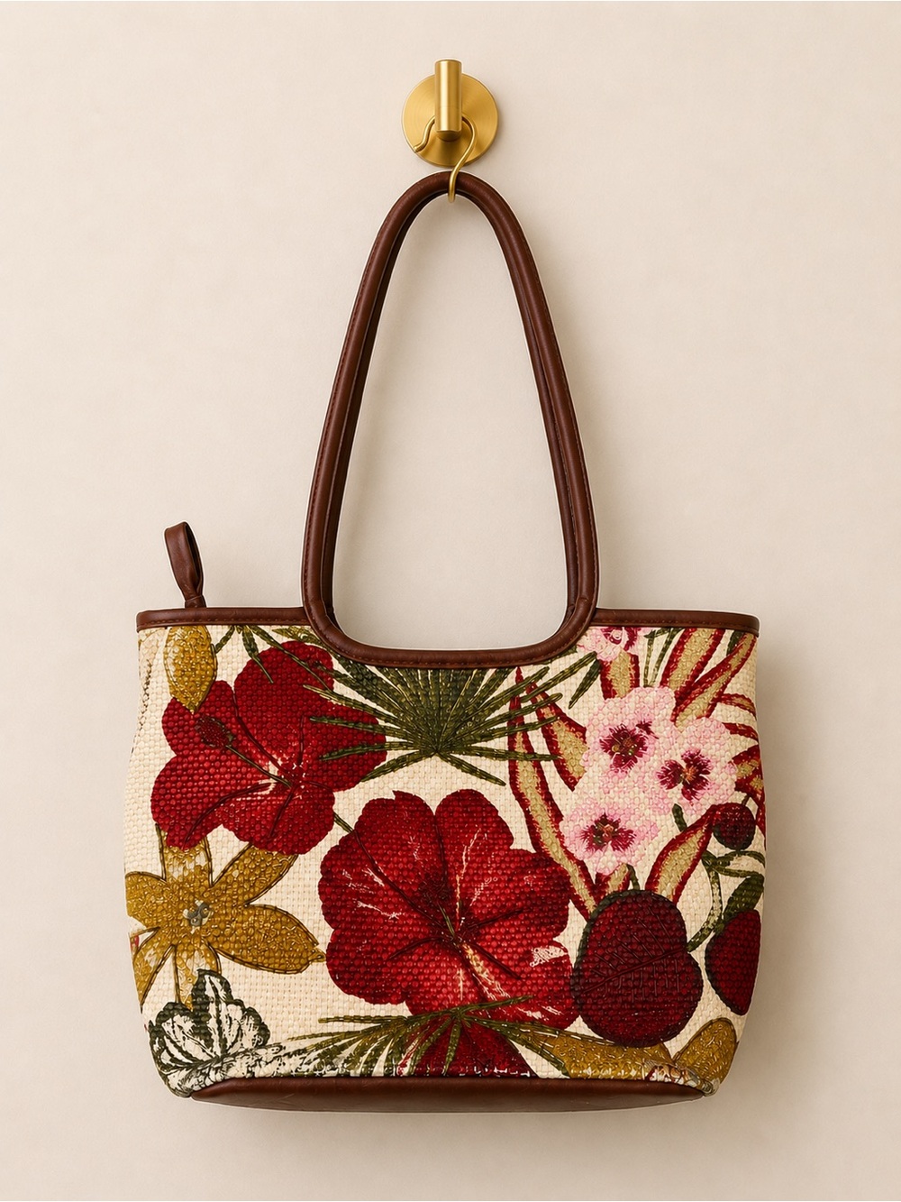 Frankie & Johnnie Floral Beaded Straw Shoulder Tote Handbag Pink Red Tropical